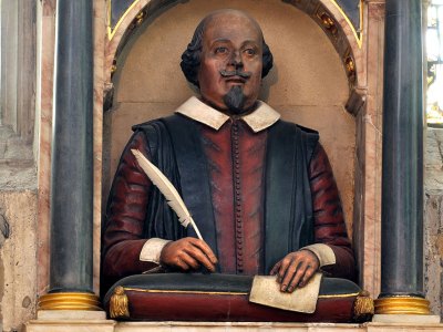 Will the real William Shakespeare please stand up? The effigy above the playwright’s grave in Holy Trinity Church, Stratford-upon-Avon.