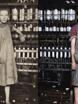Left: Addie Card, 12 Years Old, Spinner in cotton mill, North Pownal, Vermont (1910), Lewis Hine. National Gallery of Art, Washington, D.C. Right: Digital colourisation of Lewis Hine’s photograph of Addie Card by Marina Amaral. Photo: © Marina Amaral