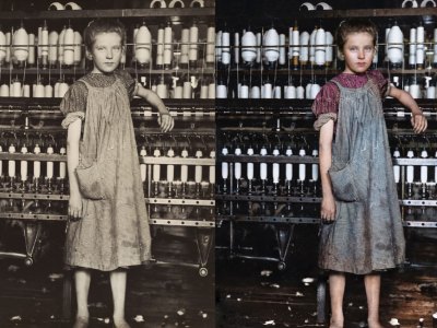 Left: Addie Card, 12 Years Old, Spinner in cotton mill, North Pownal, Vermont (1910), Lewis Hine. National Gallery of Art, Washington, D.C. Right: Digital colourisation of Lewis Hine’s photograph of Addie Card by Marina Amaral. Photo: © Marina Amaral