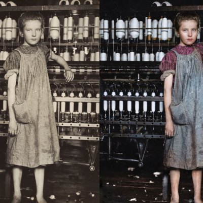 Left: Addie Card, 12 Years Old, Spinner in cotton mill, North Pownal, Vermont (1910), Lewis Hine. National Gallery of Art, Washington, D.C. Right: Digital colourisation of Lewis Hine’s photograph of Addie Card by Marina Amaral. Photo: © Marina Amaral