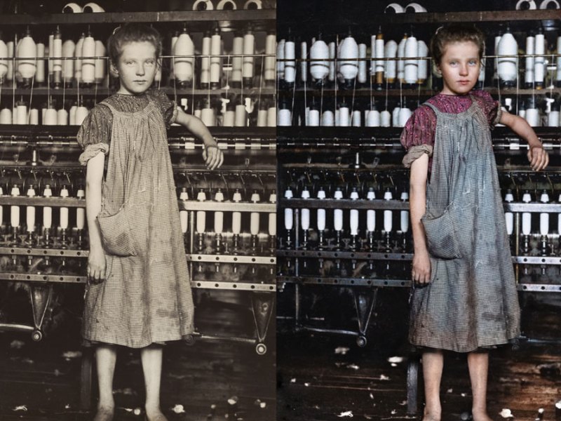 Left: Addie Card, 12 Years Old, Spinner in cotton mill, North Pownal, Vermont (1910), Lewis Hine. National Gallery of Art, Washington, D.C. Right: Digital colourisation of Lewis Hine’s photograph of Addie Card by Marina Amaral. Photo: © Marina Amaral