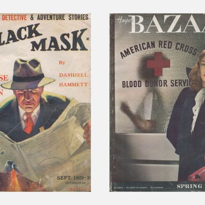 Left: ‘Black Mask’, vol. 12, no. 1, September 1929, contains the first part (of five) of ‘The Maltese Falcon’ by Dashiell Hammett; right: ‘Harper’s Bazaar’, vol. 77, no. 3, March 1943, featuring Lauren Bacall on the cover.