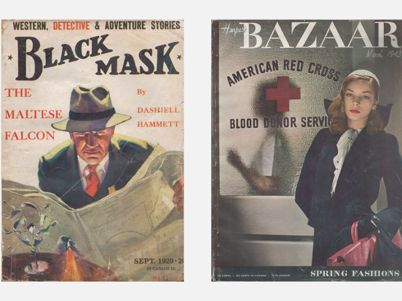 Left: ‘Black Mask’, vol. 12, no. 1, September 1929, contains the first part (of five) of ‘The Maltese Falcon’ by Dashiell Hammett; right: ‘Harper’s Bazaar’, vol. 77, no. 3, March 1943, featuring Lauren Bacall on the cover.