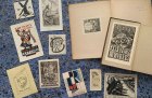 A selection of the bookplates in Simon Martin’s collection, showing the following plates (clockwise from top left): William Nicholson’s for William Heinemann; Stephen Gooden’s for John Raymond Danson; John Craxton’s for Stephen and Natasha Spender; Keith Vaughan’s for Mervyn Jones Evans, John Nash’s for Lionel Bradley, Eric Gill’s for Mary Gill, E. McKnight Kauffer’s for Jeanette Rutherston, Keith Vaughan’s for John Lehmann, Gladys Calthrop’s for Nöel Coward, and E. McKnight Kauffer’s for Ifan Kyrle Fletcher.