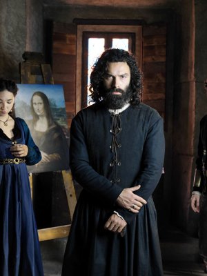 Leonardo, leading man: Adrian Turner as Leonardo da Vinci (centre), with Matilda De Angelis as Caterina da Cremona (left) and Freddie Highmore as Stefano Giraldi (right)