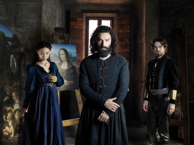 Leonardo, leading man: Adrian Turner as Leonardo da Vinci (centre), with Matilda De Angelis as Caterina da Cremona (left) and Freddie Highmore as Stefano Giraldi (right)