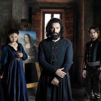 Leonardo, leading man: Adrian Turner as Leonardo da Vinci (centre), with Matilda De Angelis as Caterina da Cremona (left) and Freddie Highmore as Stefano Giraldi (right)