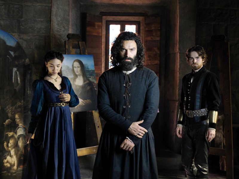 Leonardo, leading man: Adrian Turner as Leonardo da Vinci (centre), with Matilda De Angelis as Caterina da Cremona (left) and Freddie Highmore as Stefano Giraldi (right)