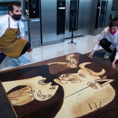 Cubes of cubism: chocolatiers at work on their rendering of Picasso’s anti-war masterpiece in April 2021.