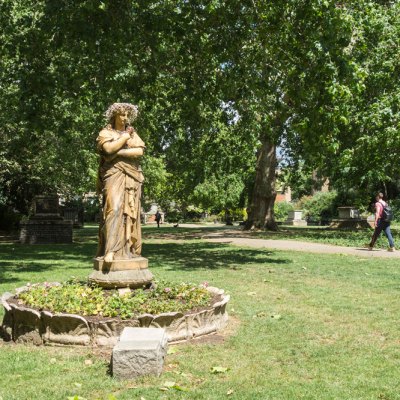 Terracotta statue of Euterpe, the Muse of instrumental music, in St George's Gardens, Bloomsbury.