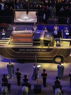 A specially designed vehicle transports the mummy of King Seqenenre Taa from the Egyptian Museum in Tahrir Square to the new Museum of Egyptian Civilization on 3 April 2021.