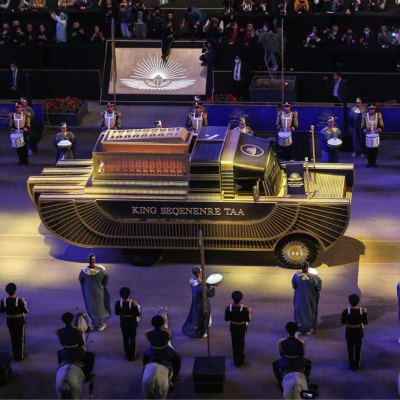 A specially designed vehicle transports the mummy of King Seqenenre Taa from the Egyptian Museum in Tahrir Square to the new Museum of Egyptian Civilization on 3 April 2021.