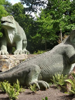 Two of the dinosaur sculptures in Crystal Palace Park.