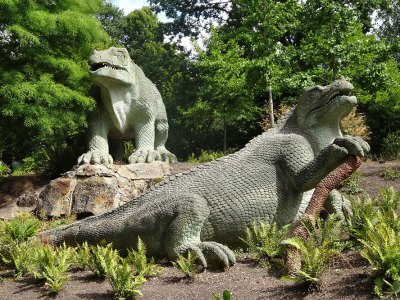 Two of the dinosaur sculptures in Crystal Palace Park.