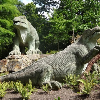 Two of the dinosaur sculptures in Crystal Palace Park.