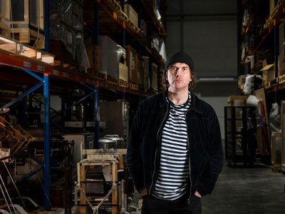 Bedwyr Williams with the Science Museum Group Collection at the National Collections Centre in Wiltshire. The artist is currently working with local audiences to create a film and accompanying book as a response to the collection, which will go in view at the collection centre when it opens to the public in 2024.