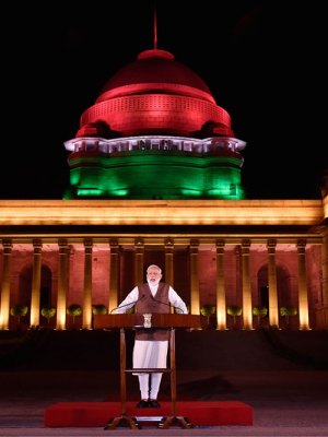 Narendra Modi speaking outside the Rashtrapati Bhawan in New Delhi, in May 2019.