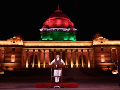 Narendra Modi speaking outside the Rashtrapati Bhawan in New Delhi, in May 2019.