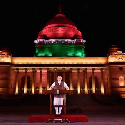 Narendra Modi speaking outside the Rashtrapati Bhawan in New Delhi, in May 2019.