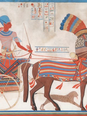 Lithograph depicting Rameses II on his chariot (19th century).