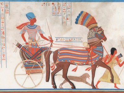 Lithograph depicting Rameses II on his chariot (19th century).