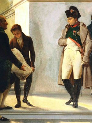 Napoleon visiting the stairs of the Louvre, guided by the architects Percier and Fontaine