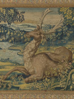 Held deer: a detail from a tapestry woven in Brussels in 1550–60. Wawel Royal Castle, Kraków.