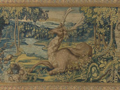 Held deer: a detail from a tapestry woven in Brussels in 1550–60. Wawel Royal Castle, Kraków.