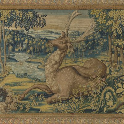 Held deer: a detail from a tapestry woven in Brussels in 1550–60. Wawel Royal Castle, Kraków.