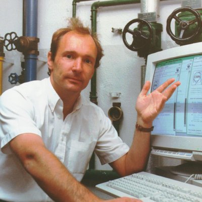 Tim Berners-Lee demonstrating the World Wide Web at CERN.