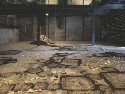 Installation view of ‘Karla Black: sculptures 2001–2021’, in the new warehouse space at Fruitmarket, Edinburgh. Photo: Tom Nolan