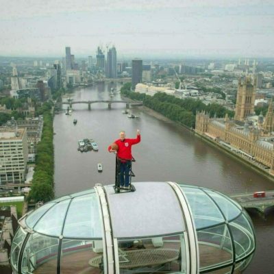 High scorer: Sir Geoff Hurst on top of a pod on the London Eye wearing a replica 1966 World Cup final kit on Friday 9 July, two days before the Euro 2020 final.