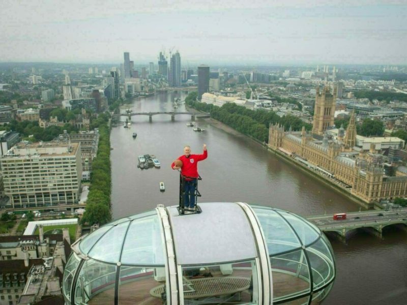 High scorer: Sir Geoff Hurst on top of a pod on the London Eye wearing a replica 1966 World Cup final kit on Friday 9 July, two days before the Euro 2020 final.