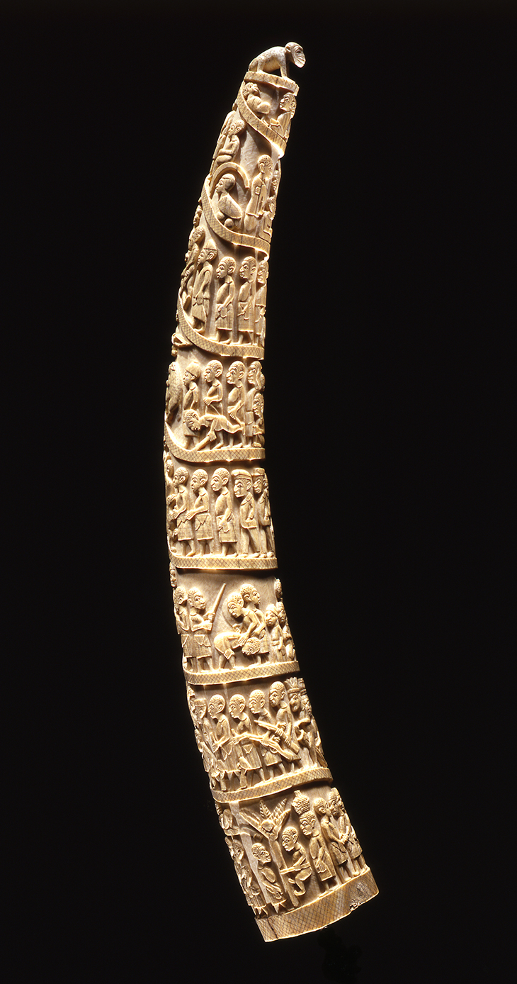 Elephant tusk with relief carving (19th century), Angola. Photo: Martin Franken; Staatliche Museen zu Berlin, Ethnologisches Museum