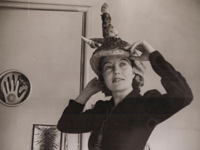 Photograph of Eileen Agar wearing her Ceremonial Hat for Eating Bouillabaisse
