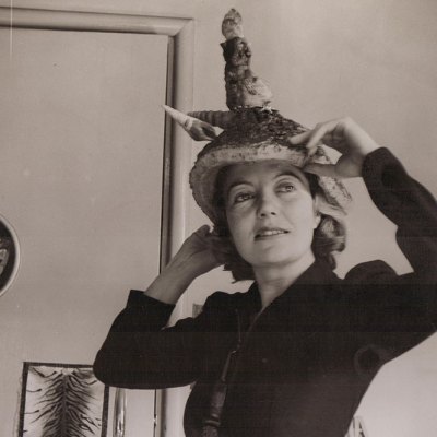 Photograph of Eileen Agar wearing her Ceremonial Hat for Eating Bouillabaisse