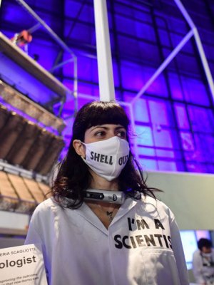 Activists from Extinction Rebellion chained to an exhibit at the Science Museum’s 'Our Future Planet' exhibition, sponsored by Shell, in May 2021.