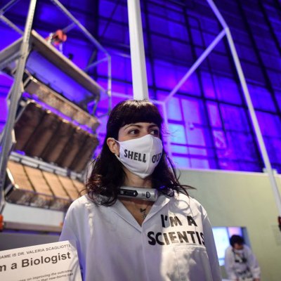 Activists from Extinction Rebellion chained to an exhibit at the Science Museum’s 'Our Future Planet' exhibition, sponsored by Shell, in May 2021.