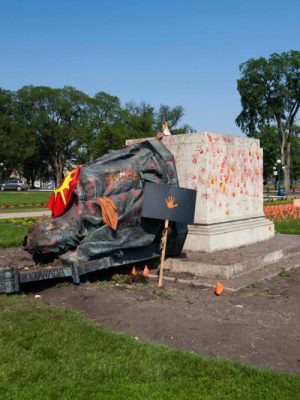 A toppled statue of Queen Victoria on the grounds of the Manitoba Legislature on 2 July, 2021 in Winnipeg, Manitoba, Canada. The statue was pulled down by indigenous protestors following a march to honour survivors and victims of Canada’s residential school system.