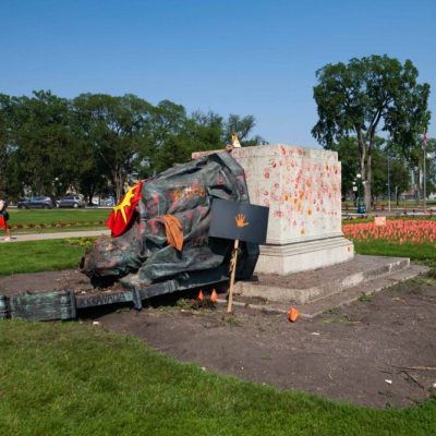 A toppled statue of Queen Victoria on the grounds of the Manitoba Legislature on 2 July, 2021 in Winnipeg, Manitoba, Canada. The statue was pulled down by indigenous protestors following a march to honour survivors and victims of Canada’s residential school system.