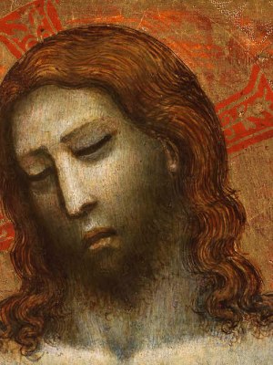 Christ as the Man of Sorrows (detail; first half of 14th century), Giovanni Baronzio. ​Moretti Fine Art at Monaco Art Week