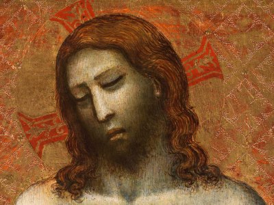 Christ as the Man of Sorrows (detail; first half of 14th century), Giovanni Baronzio. ​Moretti Fine Art at Monaco Art Week