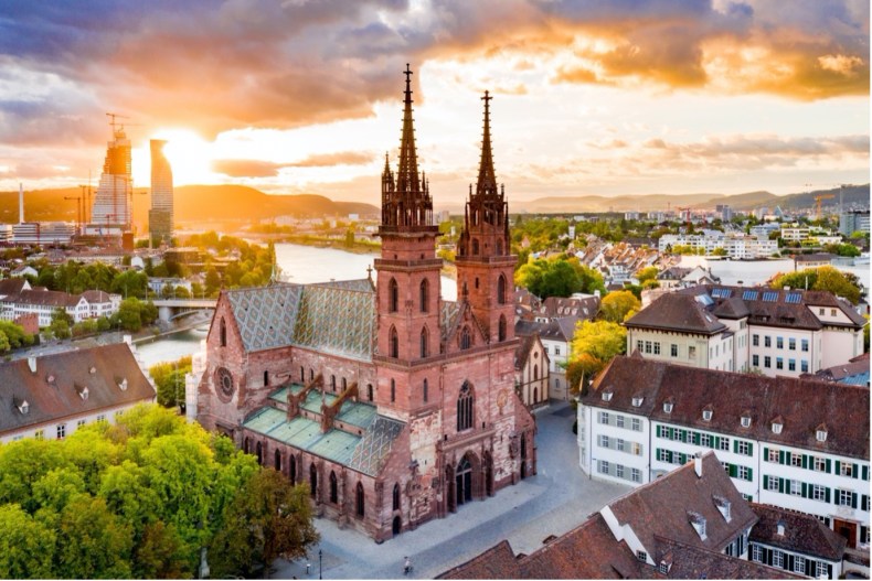 Basel Cathedral, with the Roche towers under construction in the distance.