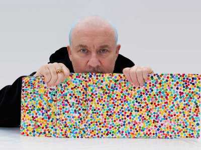 Blue rinse and repeat: Damien Hirst with The Currency artworks.
