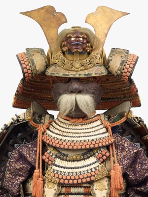 Domaru tosei gusoku armour, Japan, Momoyama period (1573–1615), with 19th-century lacing and brocade and menpo mask (c. 17