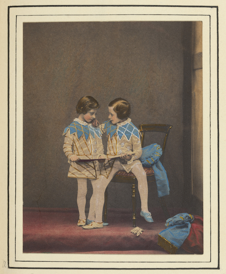 Hand-coloured photograph of Prince Arthur and Prince Leopold in the costume of the sons of King Henry IV (1857), commissioned by Queen Victoria and Prince Albert (photo taken by Leonida Caldesi).