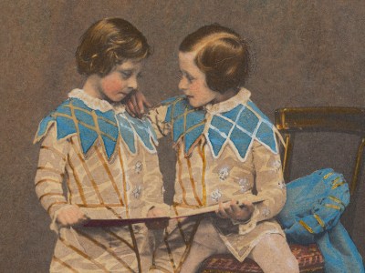 Hand-coloured photograph of Prince Arthur and Prince Leopold in the costume of the sons of King Henry IV (detail; 1857), commissioned by Queen Victoria and Prince Albert (photo taken by Leonida Caldesi).