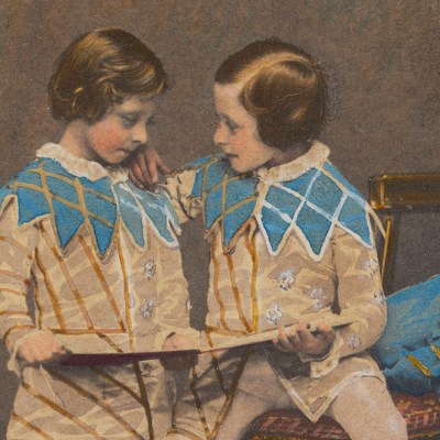 Hand-coloured photograph of Prince Arthur and Prince Leopold in the costume of the sons of King Henry IV (detail; 1857), commissioned by Queen Victoria and Prince Albert (photo taken by Leonida Caldesi).
