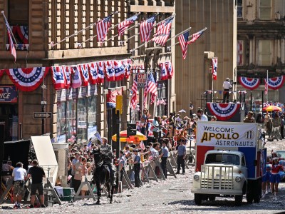 Whimsy galore: Glasgow decked out as Philadelphia for the arrival of Indiana Jones. Photo: Jeff J Mitchell/Getty Images