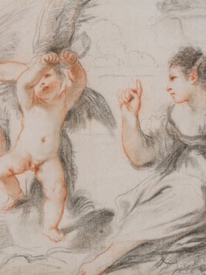 Venus scolding Cupid, while an older cupid binds him to a tree (detail; 17th century), Giovanni Francesco Barbieri, called il Guercino.